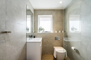 A modern bathroom with a white sink, a toilet, and a glass shower enclosure.