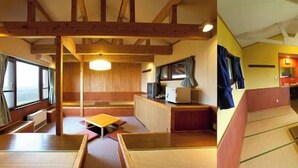 A traditional Japanese-style room with tatami flooring, a low table, and a sliding door. - Kujukogen Cottage (Taketa)