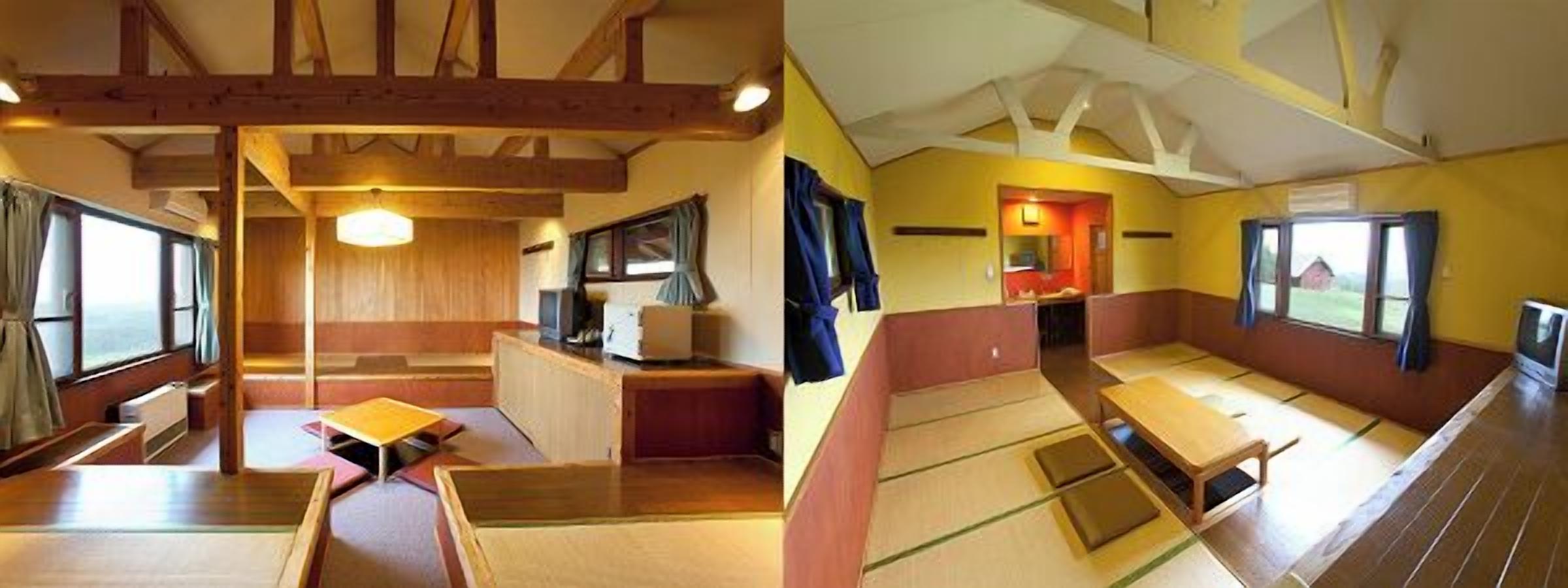 A traditional Japanese-style room with tatami flooring, a low table, and a sliding door.