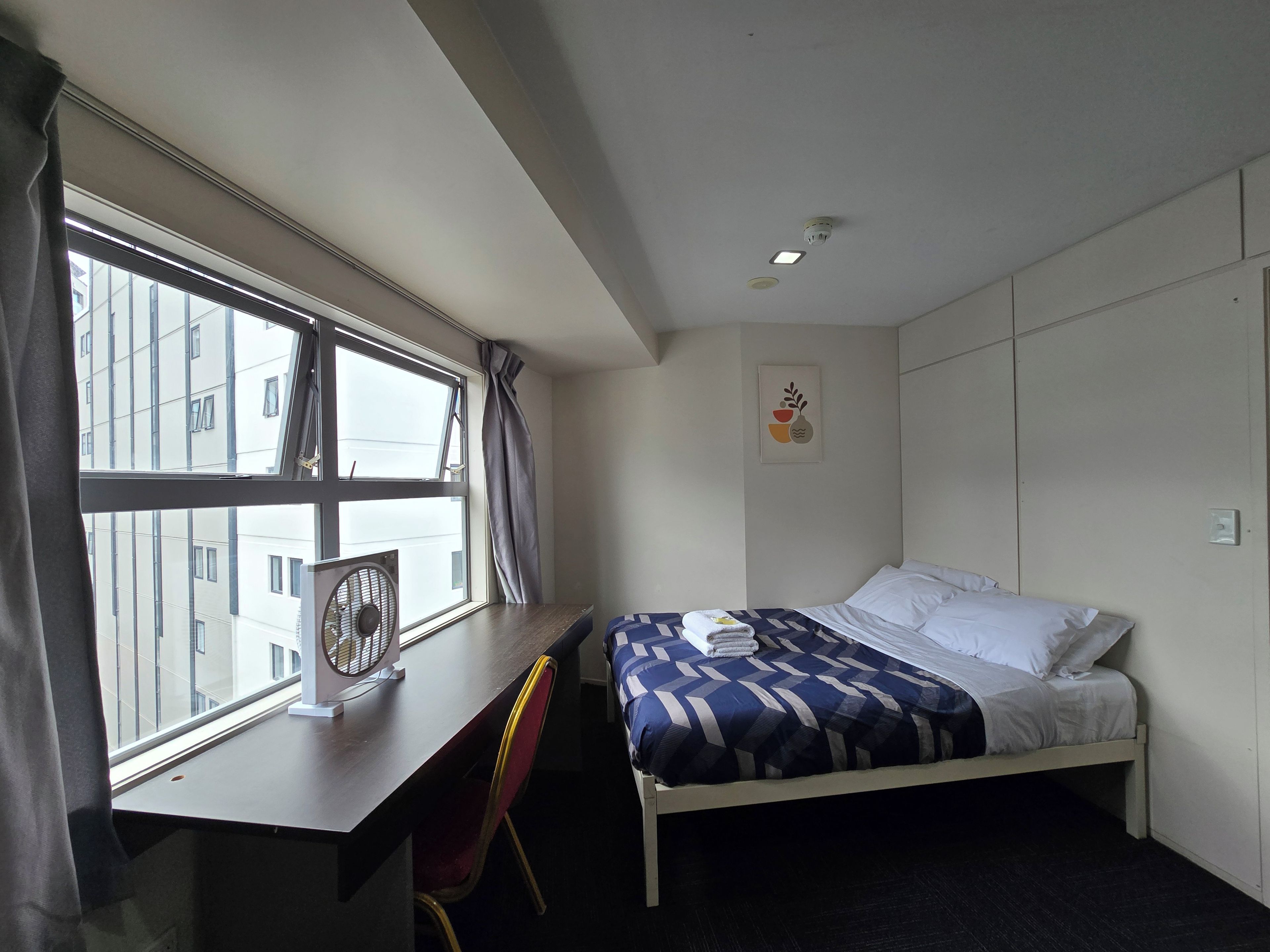 A hotel room with a bed, a desk, a chair, a window with curtains, and a ceiling fan.