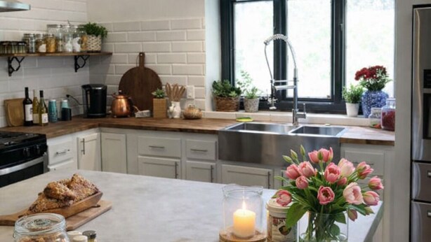 Een moderne keuken met witte bakstenen muren, een groot eiland met een kaars, een bloemenvaas en diverse keukengerei.
