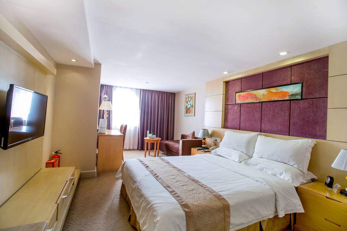 Habitación de hotel con una cama grande, un televisor de pantalla plana, un escritorio y una silla.