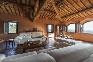 Älytelevisio, takka, DVD-soitin, kirjoja