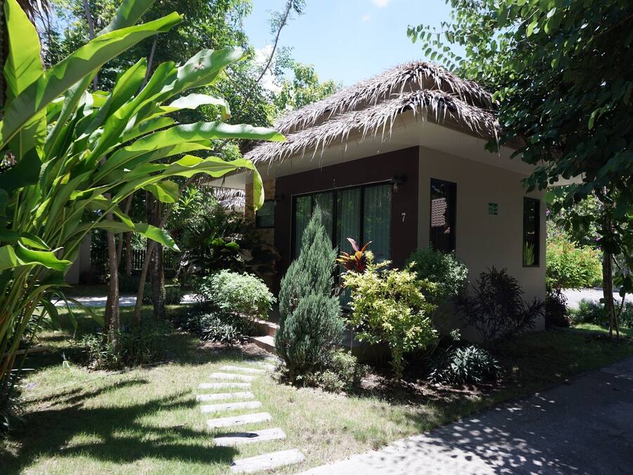 Una casa con techo de paja, rodeada de abundante vegetación y un sendero de piedra que conduce a la entrada.