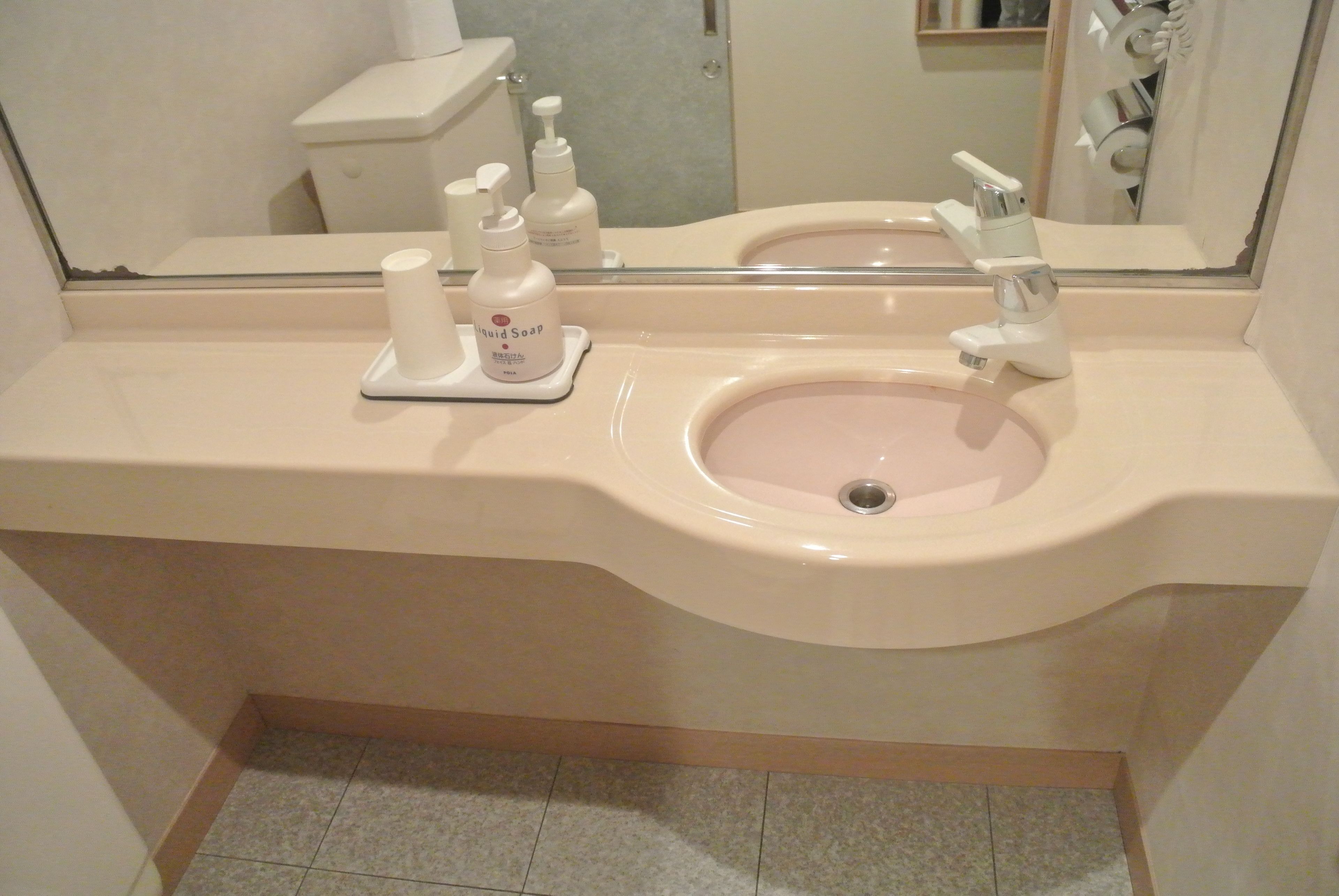 A bathroom with a sink, mirror, and toiletries.