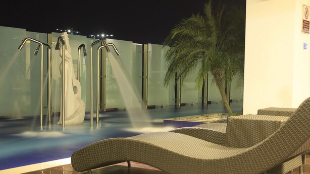 Un área de piscina con sillas de descanso y una palmera.
