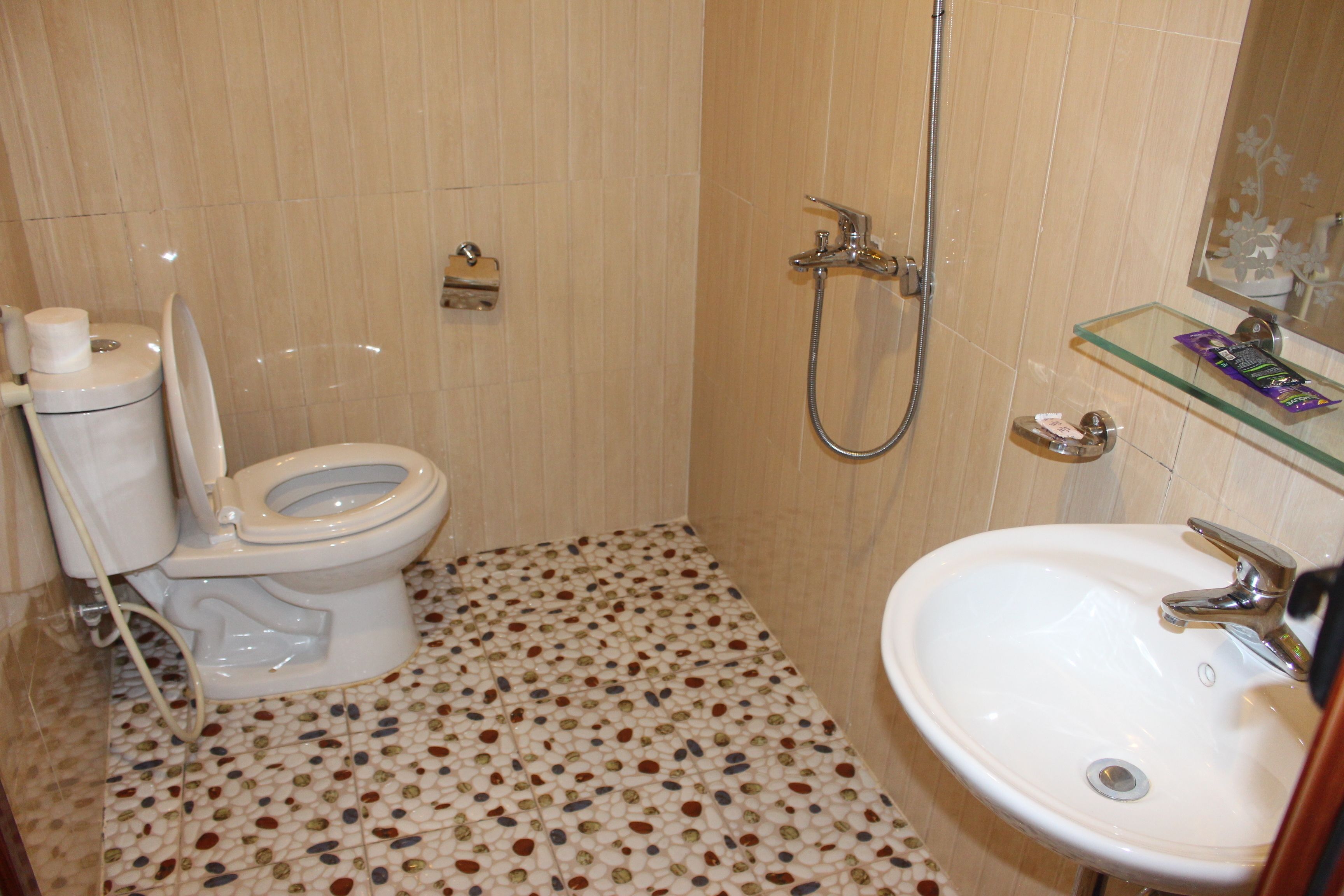 A bathroom with a toilet, shower, and sink.