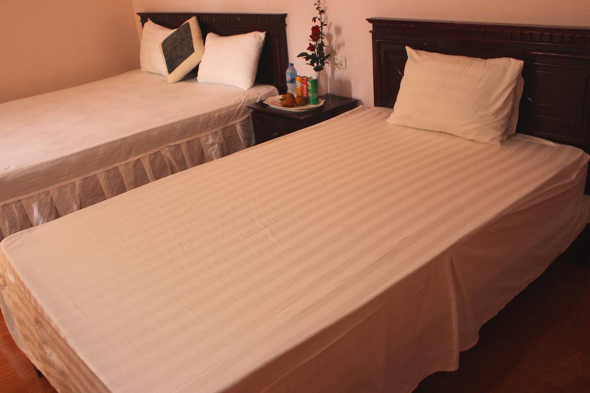 Two single beds with wooden headboards, a small table with a bottle and a flower, and a wall outlet.