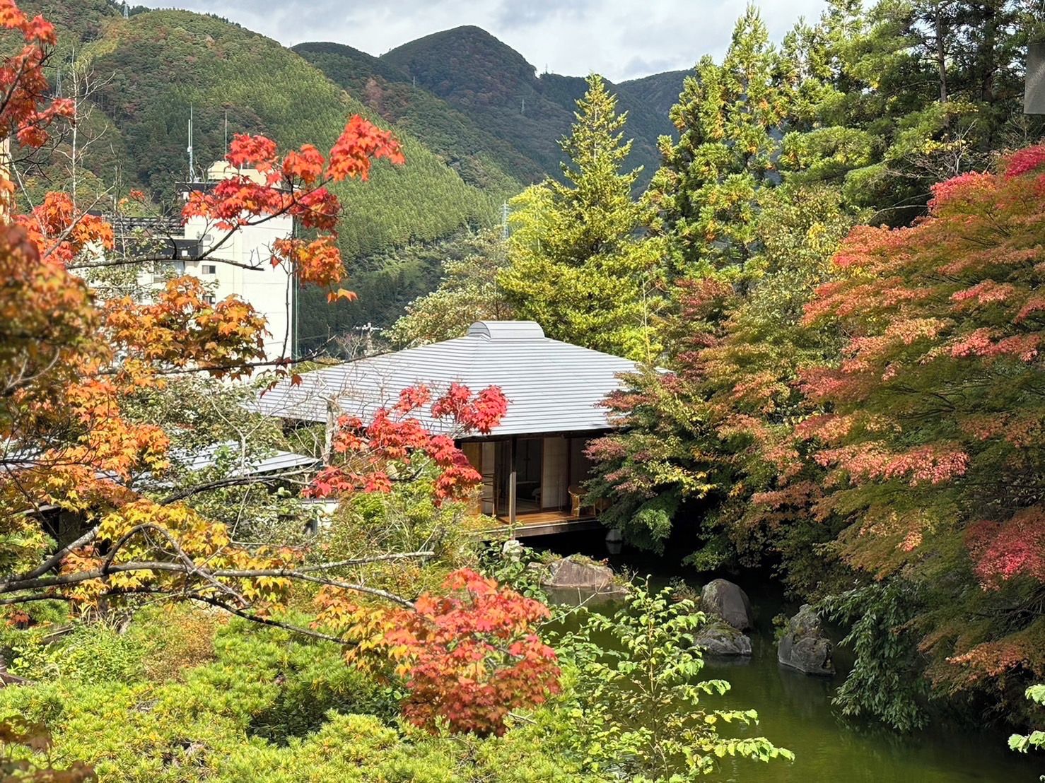 A traditional Japanese house with a sloped roof, surrounded by lush greenery and a small pond.