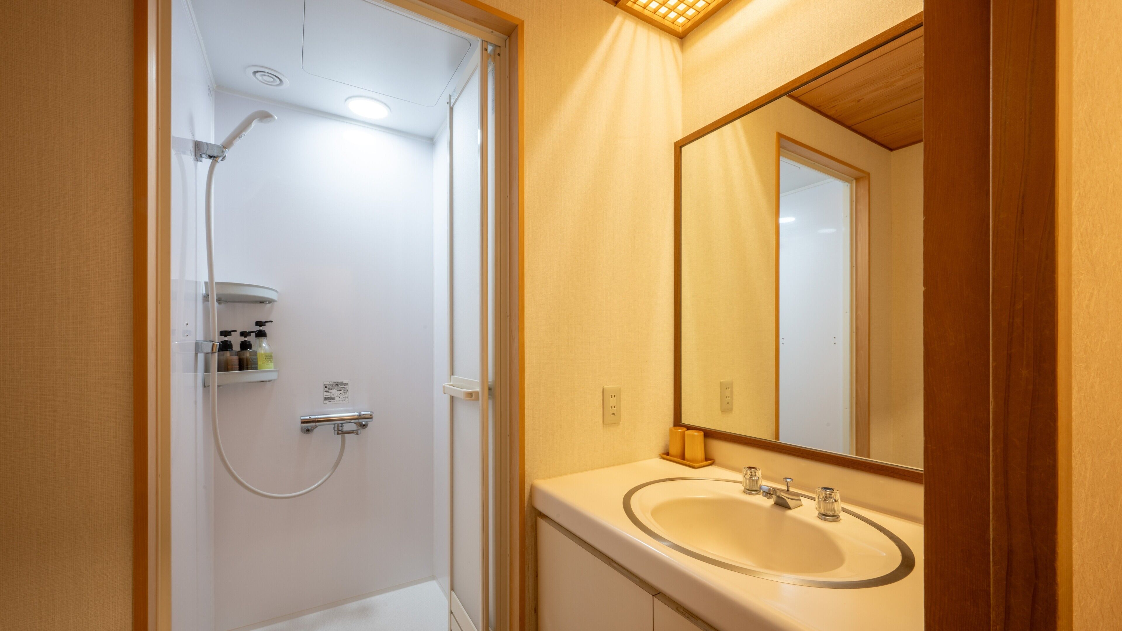 Un baño con ducha, lavamanos y espejo.