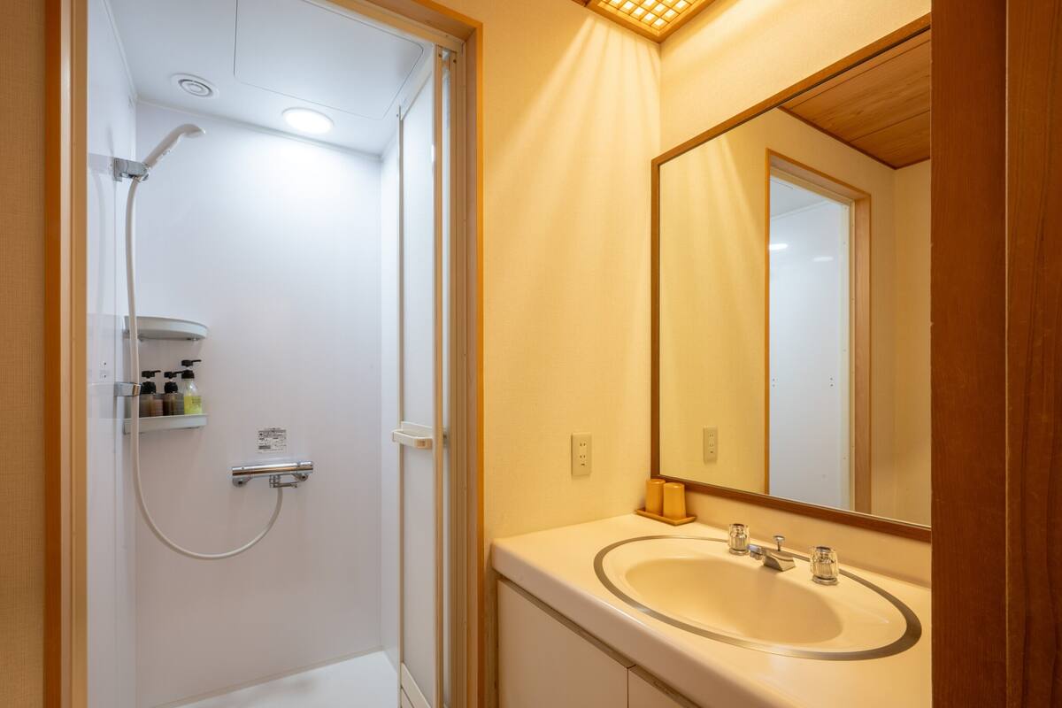 A bathroom with a shower, a sink, and a mirror.