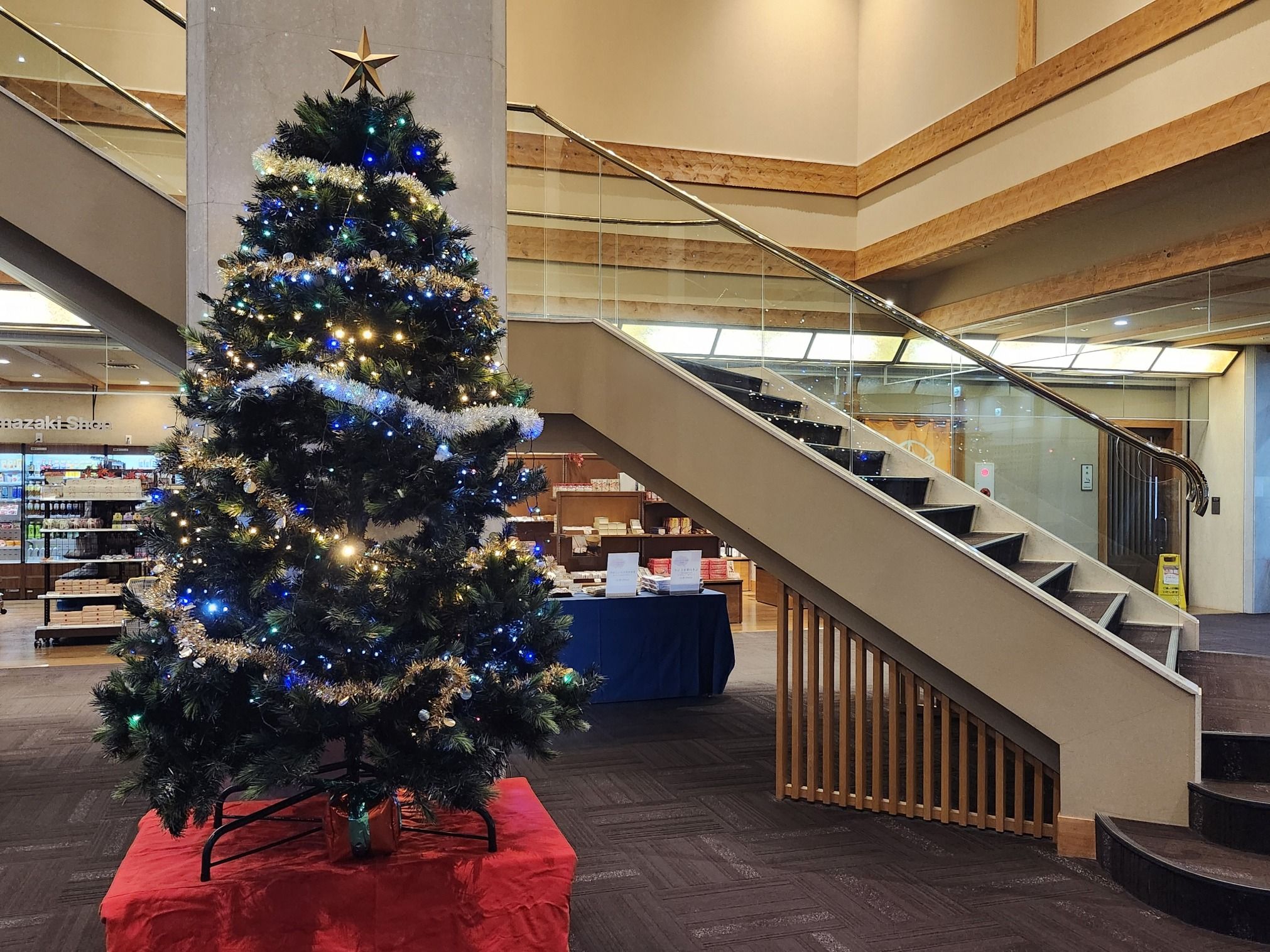 Un sapin de Noël dans un grand espace intérieur, avec un escalier et une librairie en arrière-plan.