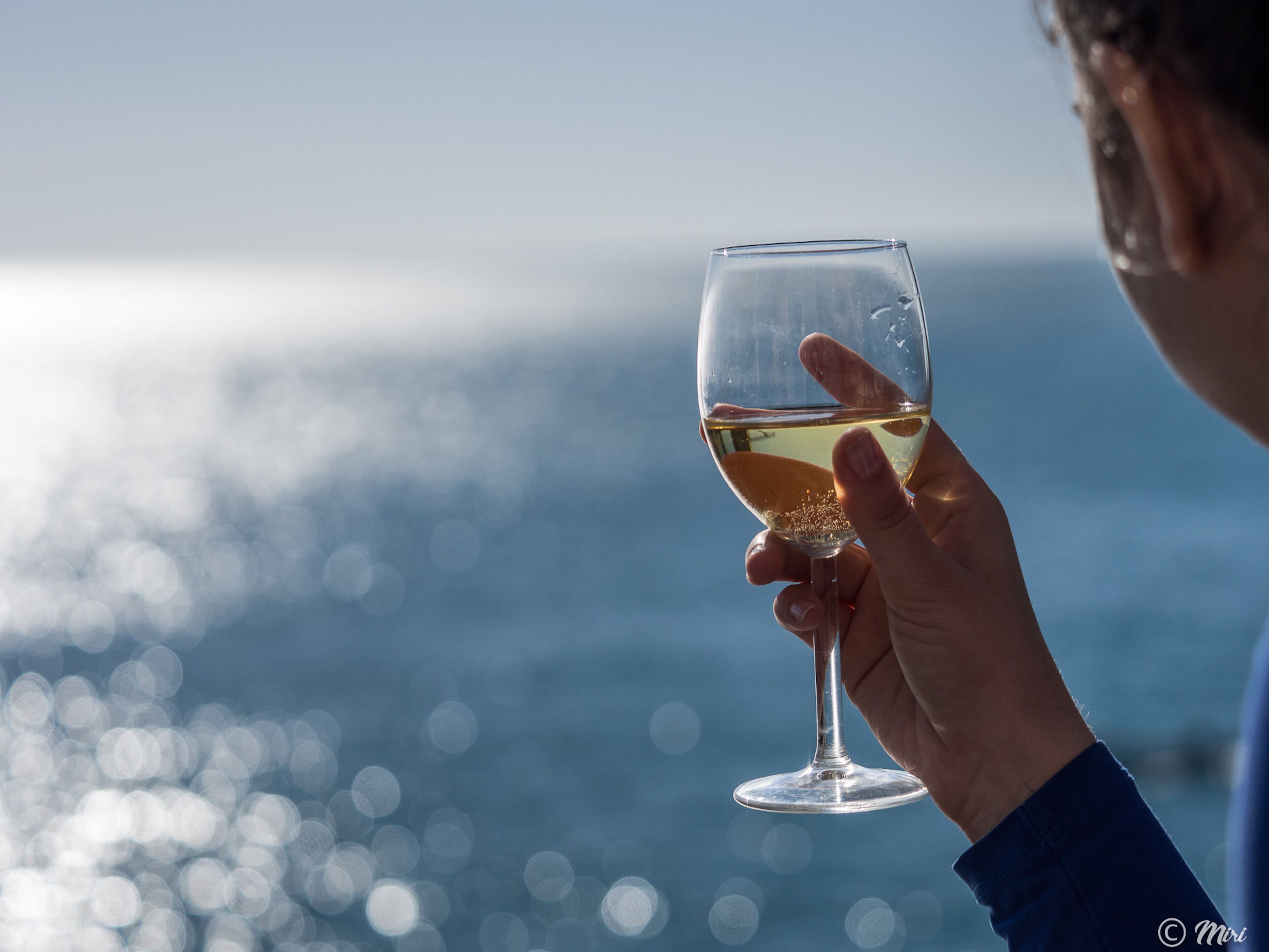 Une personne tenant un verre à vin contenant un liquide clair, sur fond flou d’une étendue d’eau et d’un ciel.