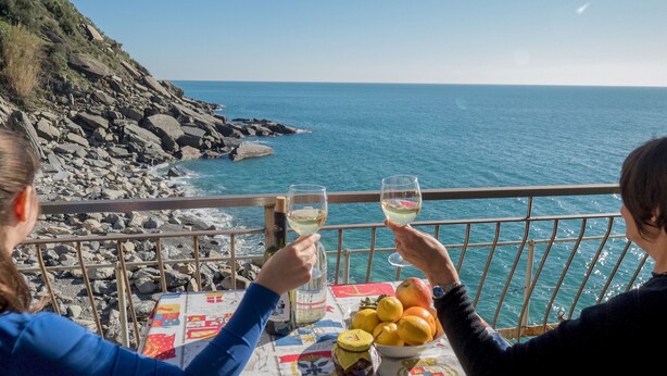 A table with a bottle of white wine, a glass, and a bowl of lemons and oranges. - Unda de Ma Apartment with AC & Sea View Balcony (Vernazza)
