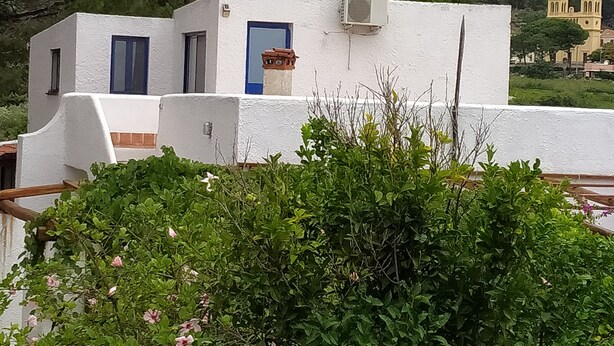 A white building with a blue door and window shutters, surrounded by greenery and a church in the background.