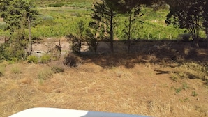 A patio area with a view of a hillside, dry grass, and trees.