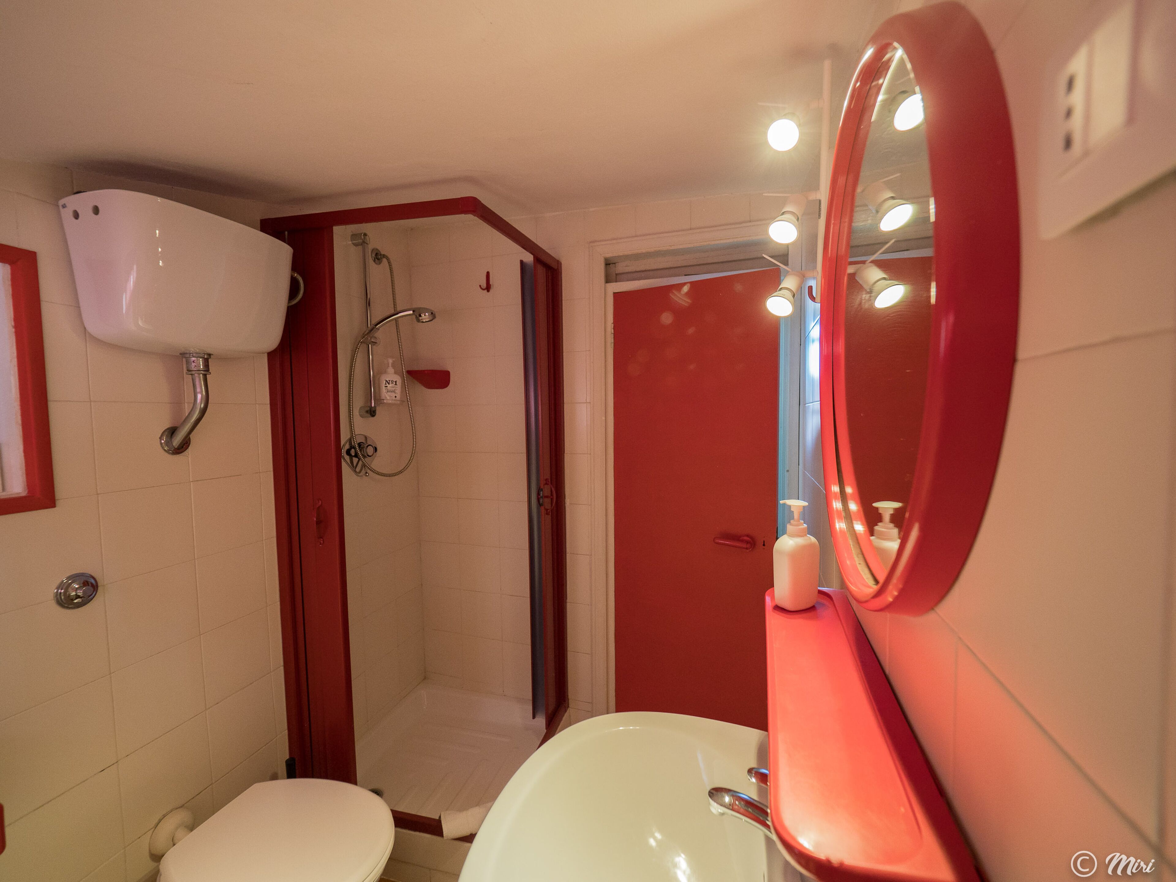 Une salle de bain comprenant des toilettes, une douche et un lavabo avec un miroir.