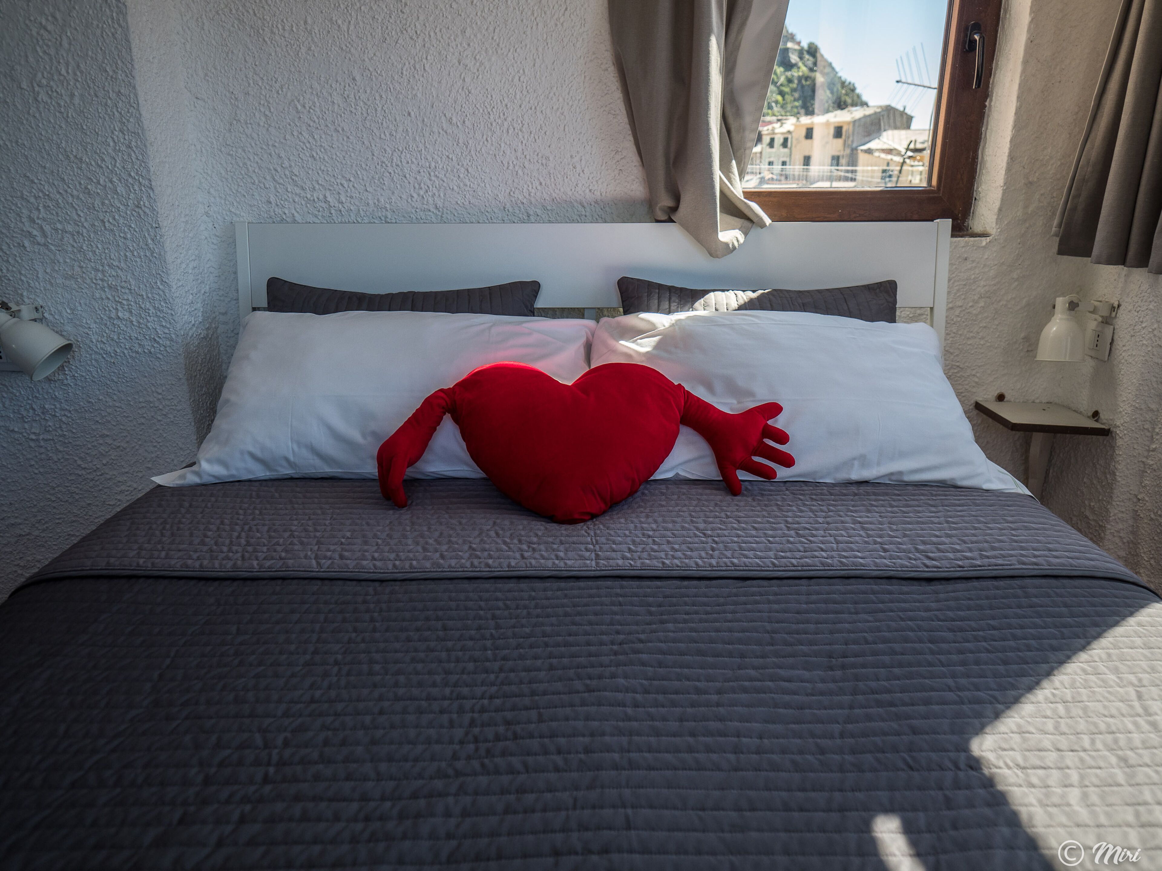 A bed with a red heart-shaped pillow and a white pillow.