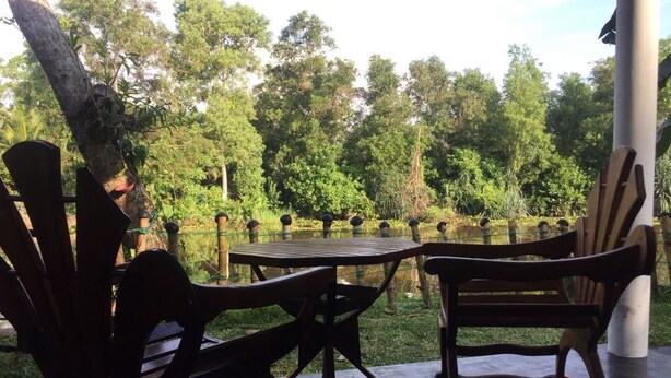 A patio with a wooden table and two Adirondack chairs, surrounded by lush greenery and trees. - senu villa (Bope-Poddala)