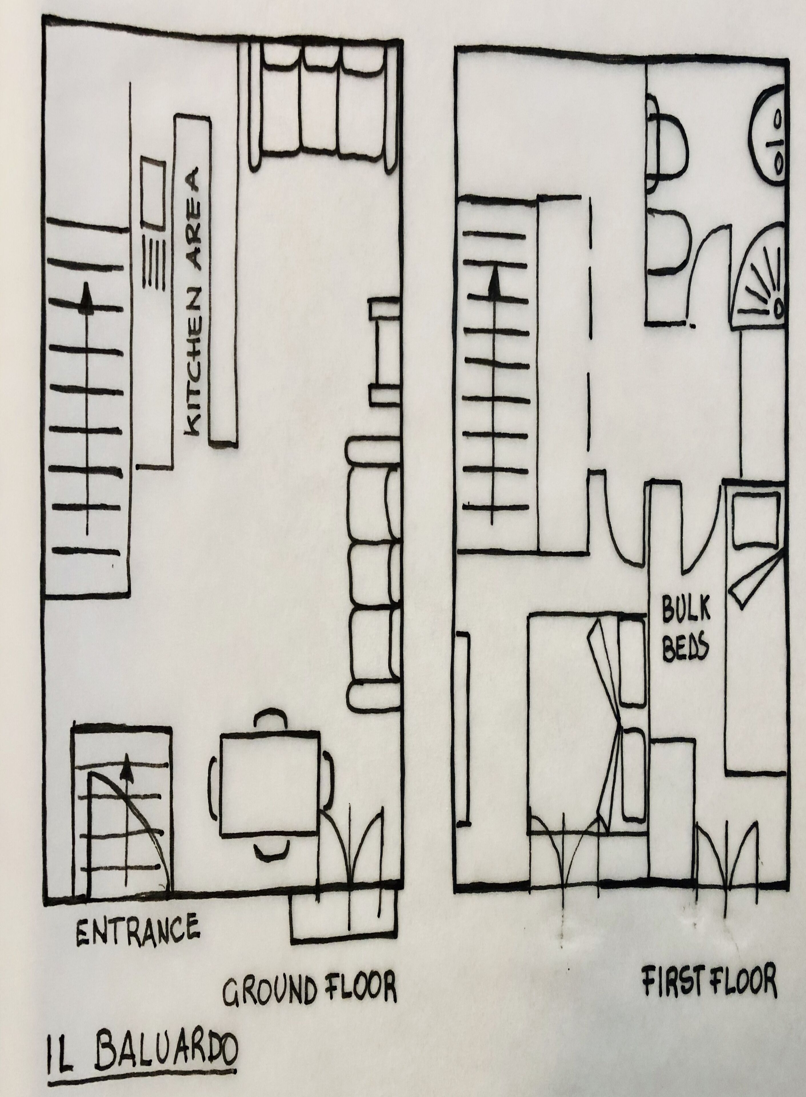 Plano de planta de un hotel que muestra la entrada, zona de cocina, camas múltiples y comedor.