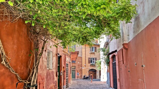A narrow cobblestone street flanked by buildings with vines and greenery. - MONTEVERDE GUESTHOUSE: Spacious Villa in Rome Center ! (Roma)