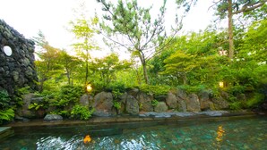 A serene indoor pool with clear water, surrounded by lush greenery and stone walls. - Kuju Kanko Hotel (Kokonoe)