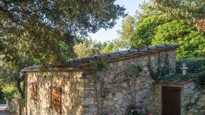 A stone building with a tiled roof, a wooden door, and a small garden with flowering plants. - the best location in the Maremma for maremmaguide (pari)