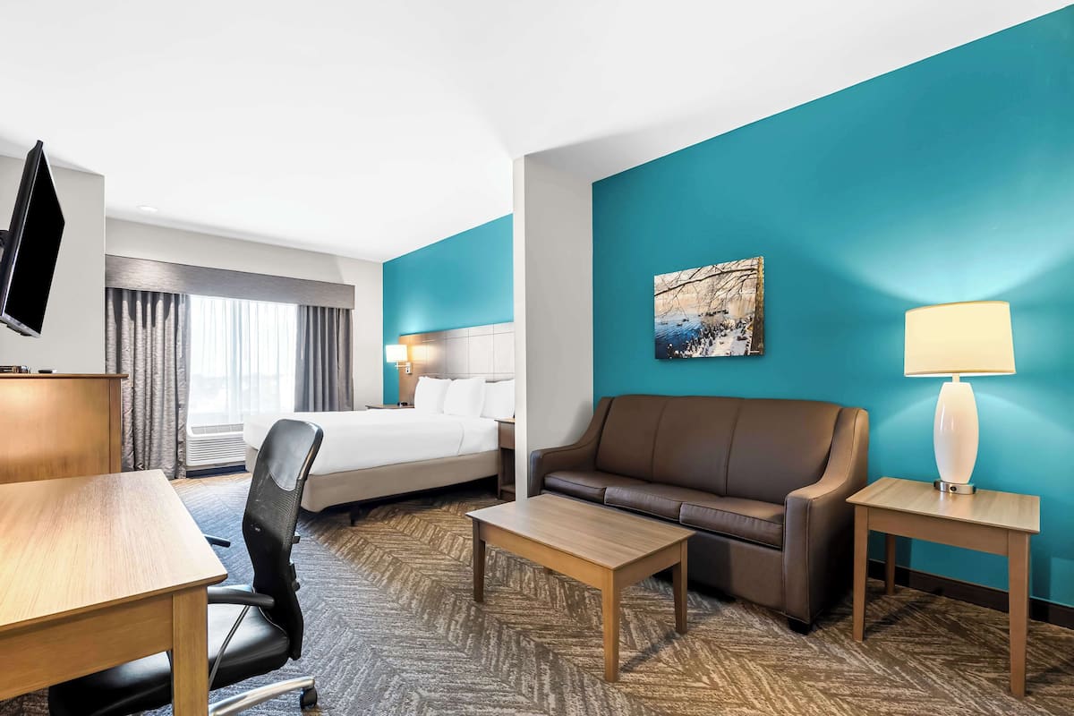 A hotel room with a bed, a sofa, a desk, and a TV.
