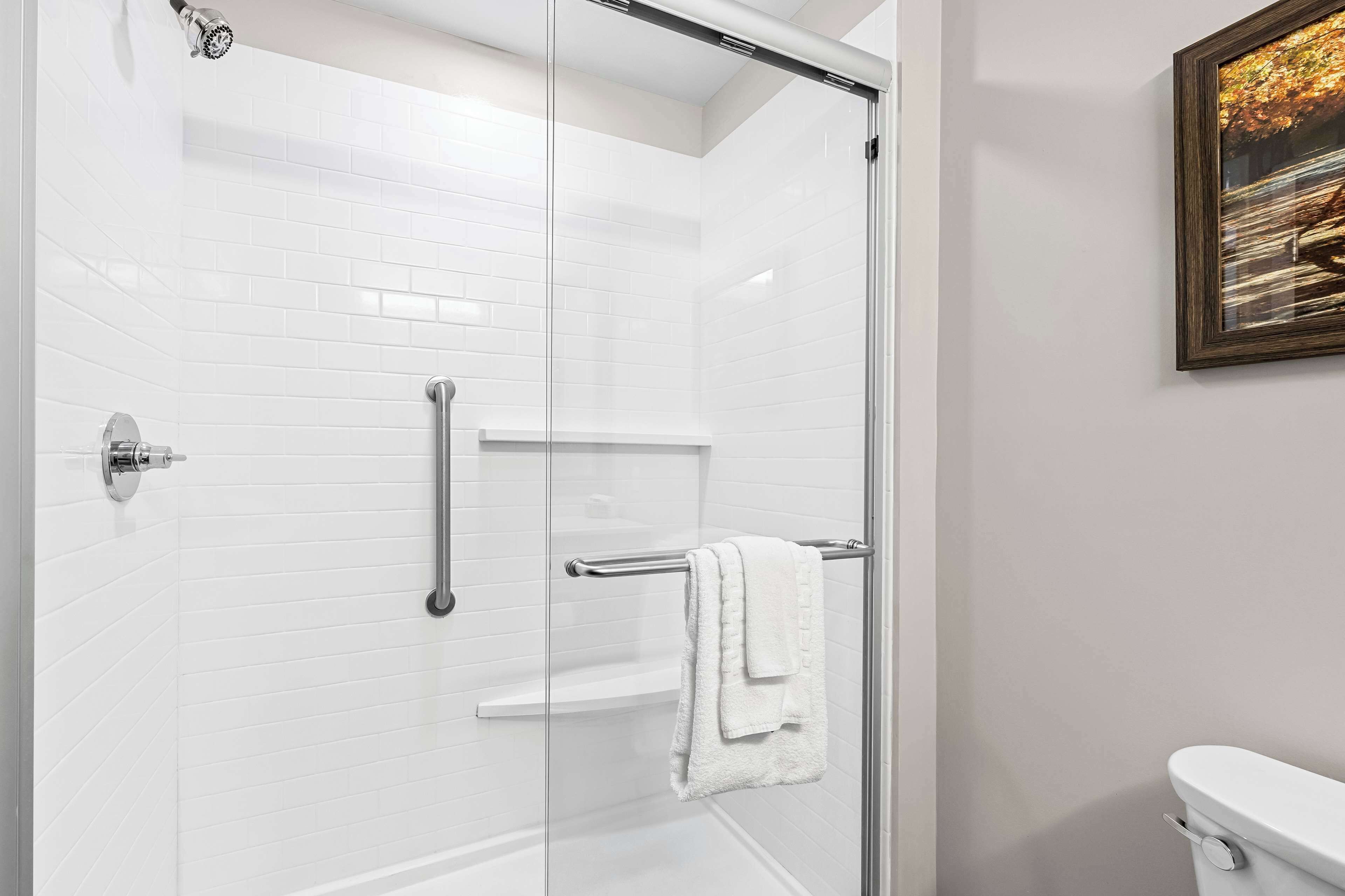 combined shower/bathtub, designer toiletries, hair dryer, towels