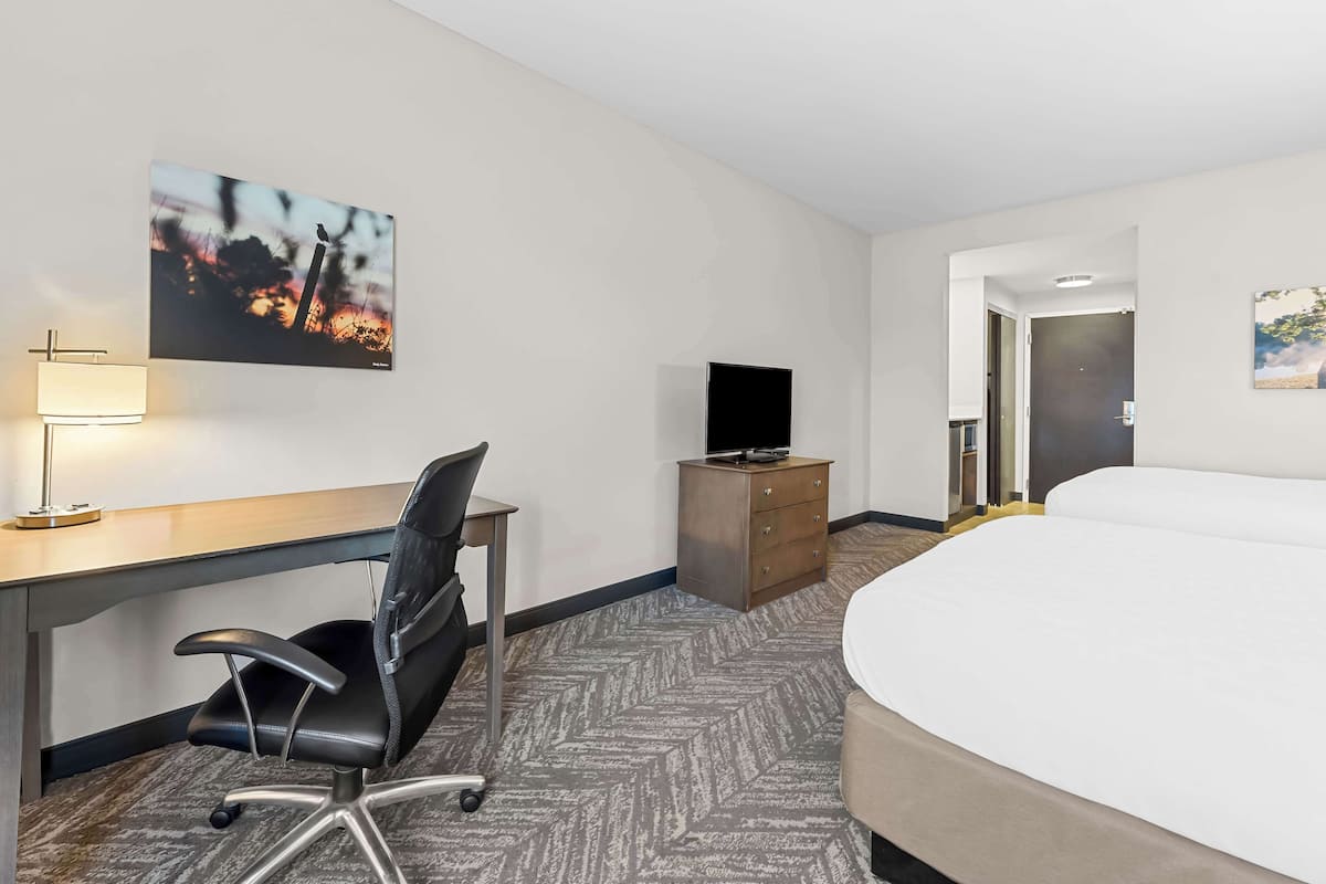 A hotel room with a bed, desk, chair, TV, and a dresser.