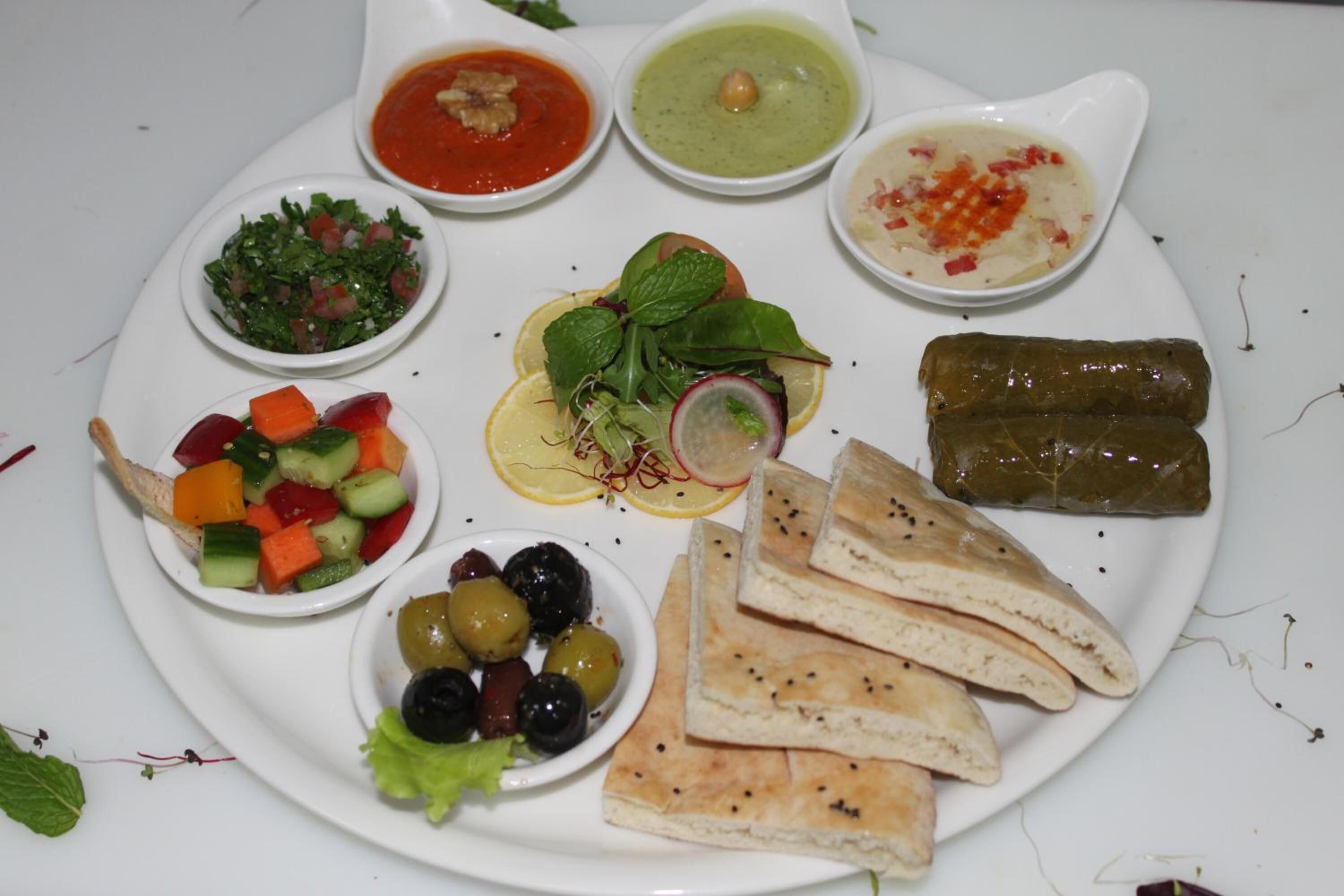 A plate with various dishes including stuffed grape leaves, a salad, olives, and bread.