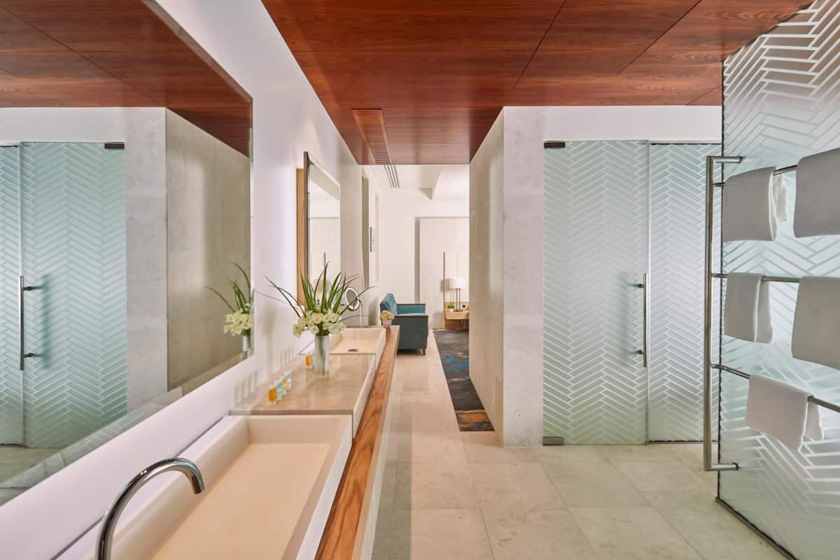 separate bathtub and shower, rainfall showerhead, free toiletries