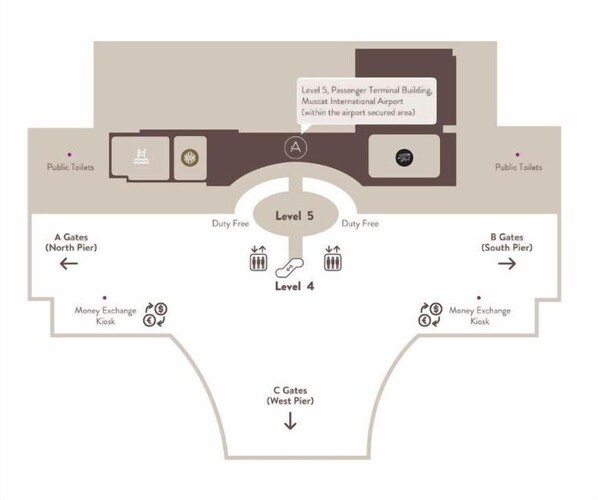 A floor plan of an airport terminal with Level 5, Level 4, and Level 3. There are public toilets, a money exchange kiosk, and gates labeled A, B, and C. - Aerotel Muscat - Airport Transit Hotel (Muscat)