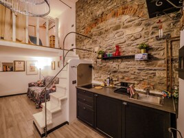 Estudio | Cocina privada | Frigorífico, microondas, placa de cocina y cafetera o tetera