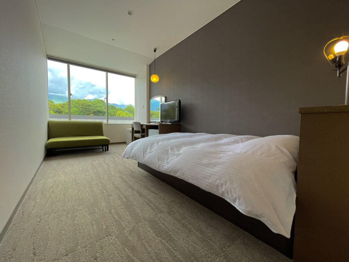 Une chambre d’hôtel avec un grand lit, un canapé, une télévision et une fenêtre donnant sur un paysage verdoyant.
