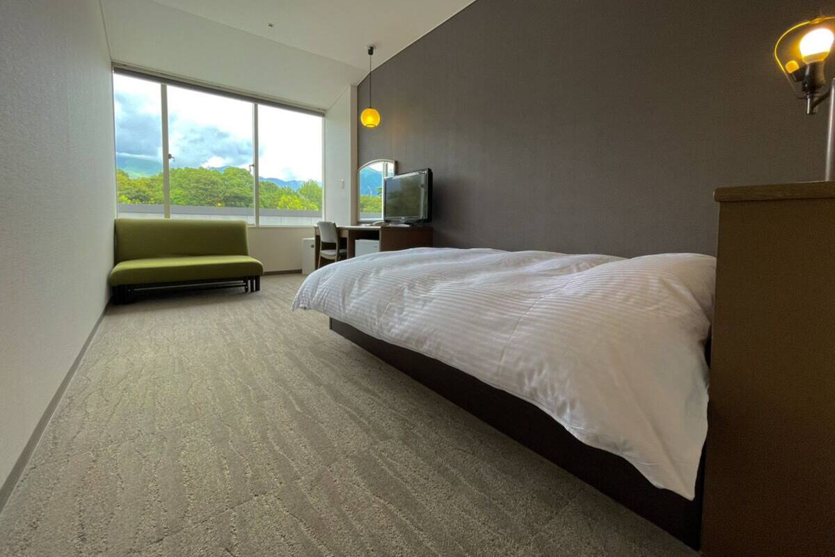 Habitación de hotel con una cama grande, un sofá, un televisor y una ventana con vistas a la vegetación.