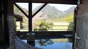 Um edifício japonês tradicional com um pátio de pedra e vista para cerejeiras e montanhas.