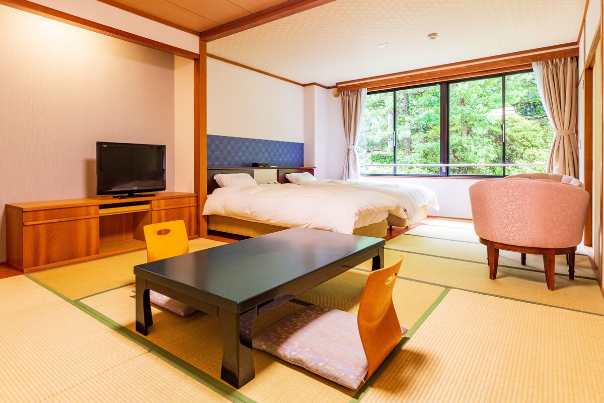 A hotel room with a bed, a desk with a television, a chair, and a view of greenery through the window.
