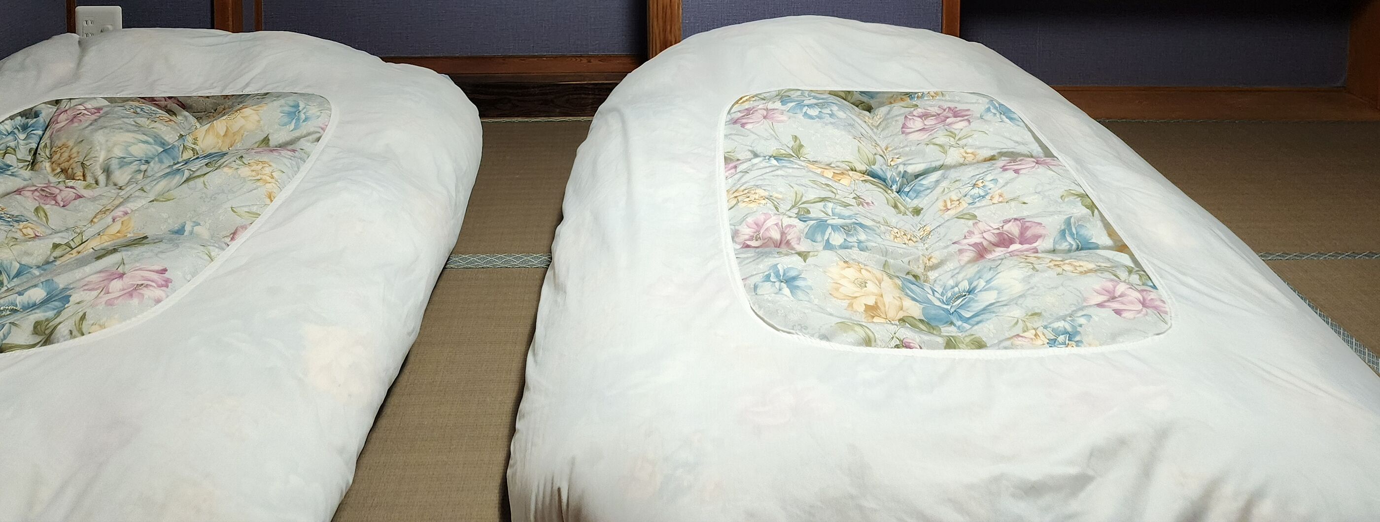 Dos camas con ropa de cama floral, un cabecero de madera y una pared lisa al fondo.