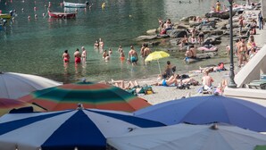 Ein Strand mit Schwimmern, Sonnenanbetern, Sonnenschirmen und Booten im Wasser.