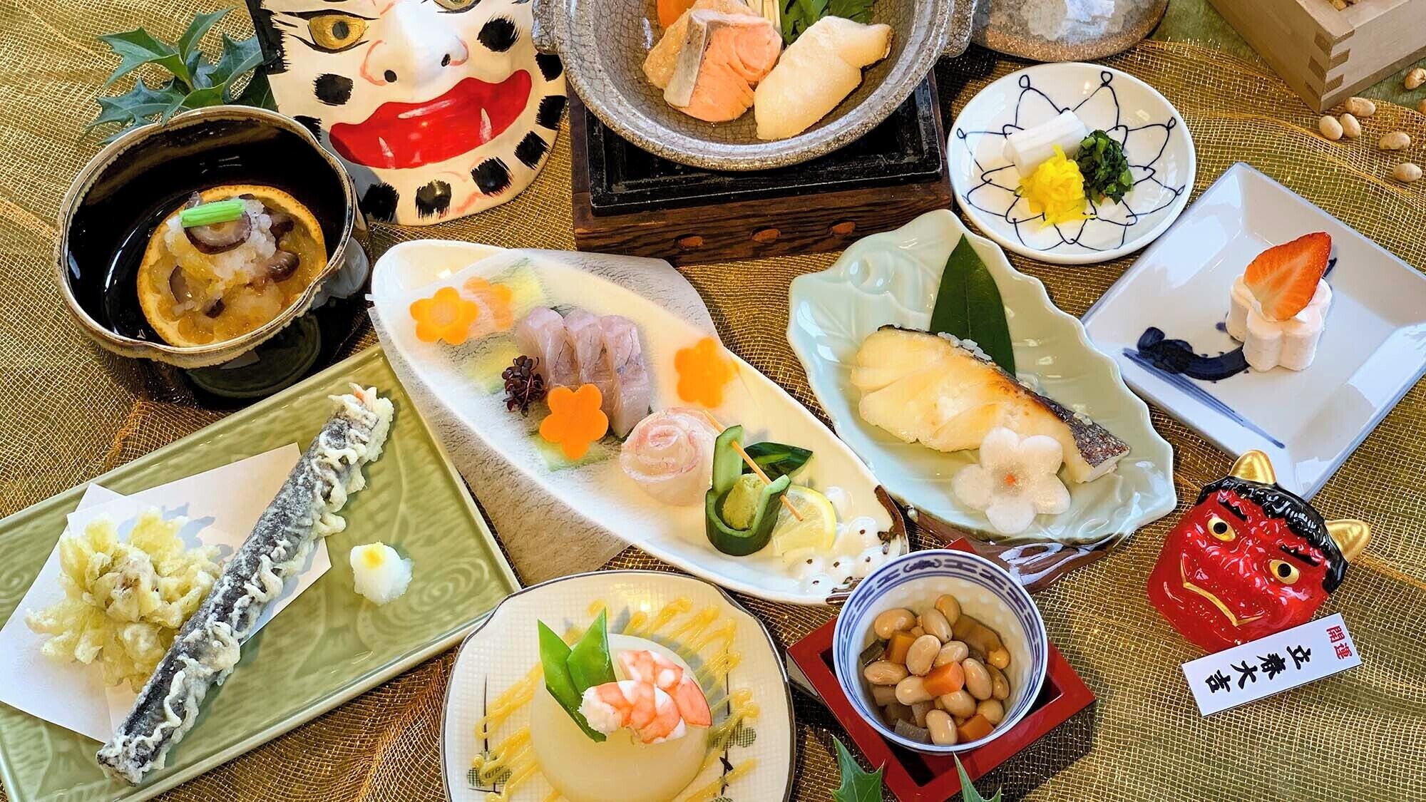 Variedad de platos japoneses dispuestos sobre una mesa con posavasos tejido.