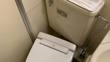 A toilet with a lid, a flush handle, and a bidet attachment.