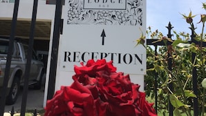 A reception sign for the Paul Mountain Lodge & B&B with a directional arrow. - Paarl Mountain Lodge (Paarl)