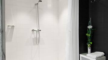 Shower, free toiletries, hair dryer, towels