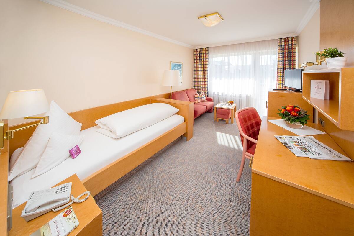 Quarto de hotel com uma cama de solteiro, uma escrivaninha com cadeira, televisão e uma pequena mesa com planta.
