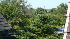Un barrio residencial con una casa de techo inclinado, rodeada de abundante follaje verde y árboles.