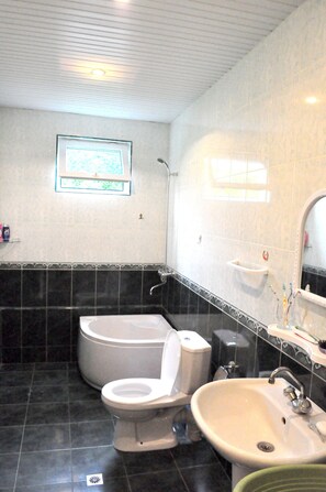 Shower, deep-soaking bathtub, free toiletries, hair dryer