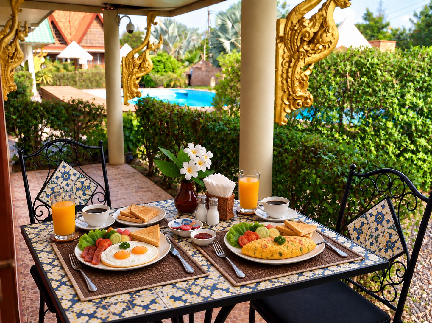 A table set for breakfast with a view of a pool and greenery.