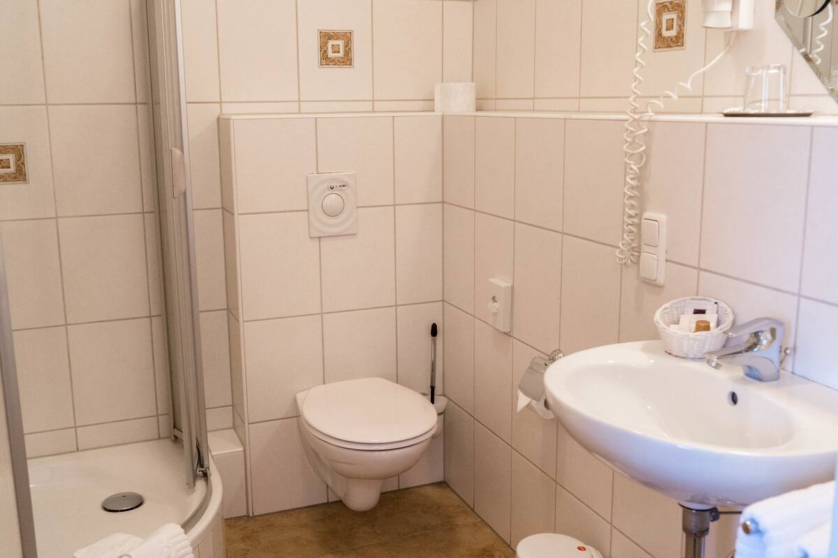 classic double room, non smoking | bathroom | shower, free toiletries, hair dryer, towels