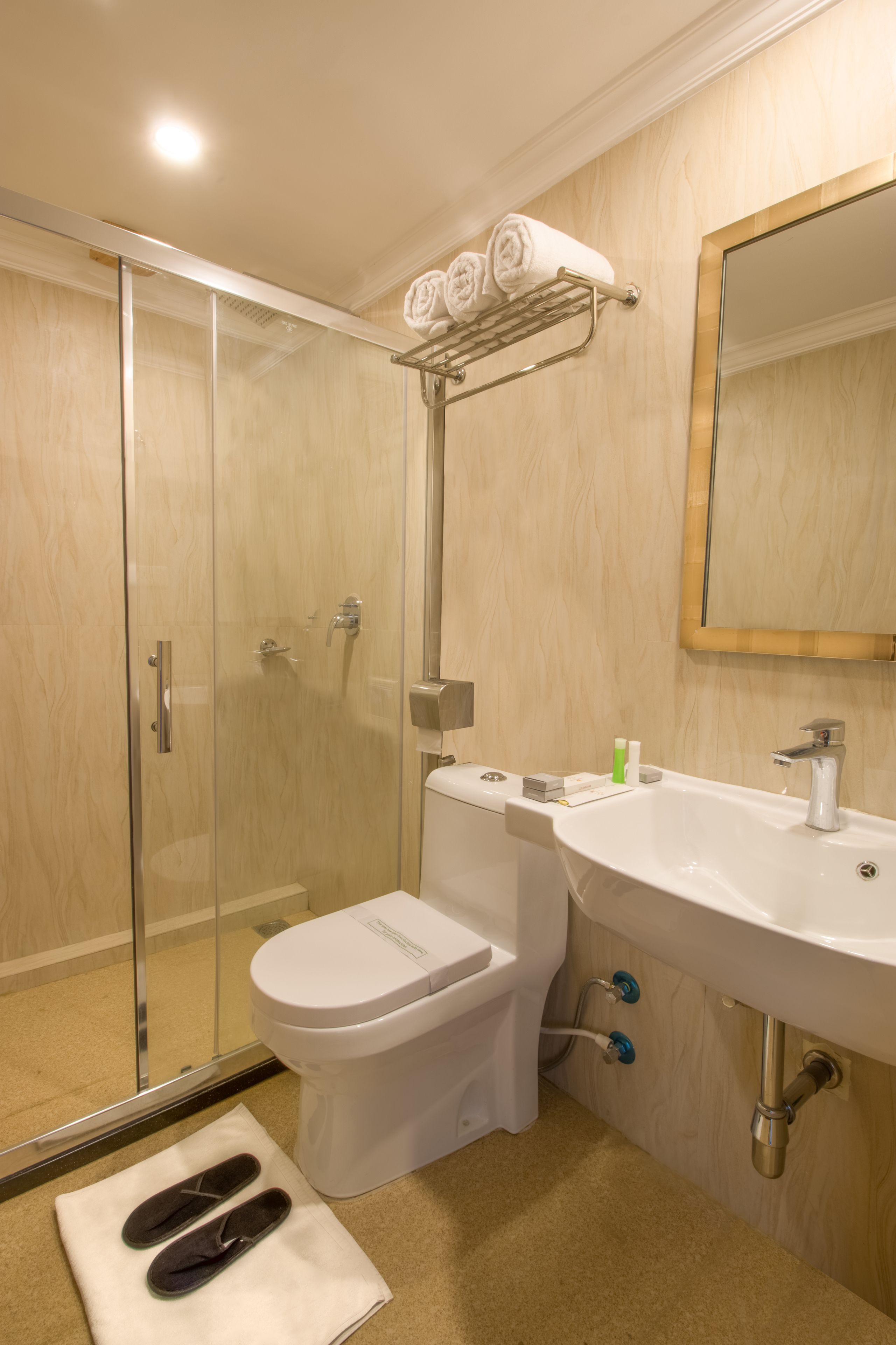 Une salle de bain avec une douche à parois de verre, des toilettes, un lavabo avec un miroir et un porte-serviettes avec des serviettes.